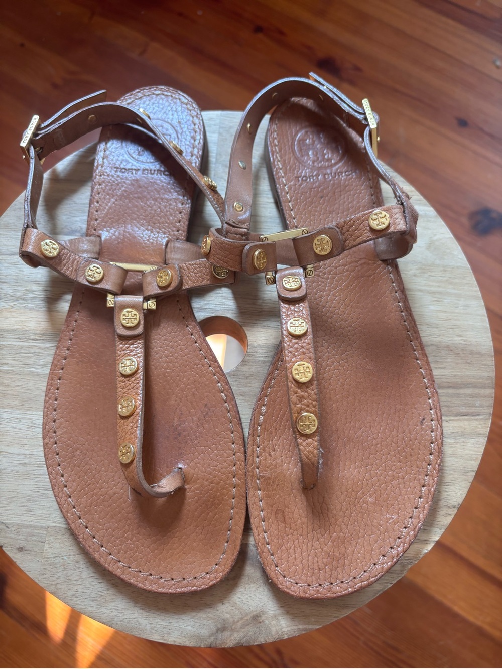 Tory Burch Cognac Leather T-Strap Sandals with Gold Logos